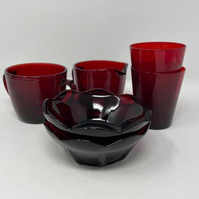 Ruby Red Juice Glass, Tulip Dish & Sugar/Creamer