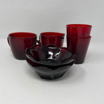 Ruby Red Juice Glass, Tulip Dish & Sugar/Creamer
