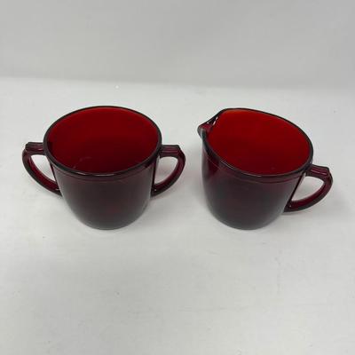 Ruby Red Juice Glass, Tulip Dish & Sugar/Creamer