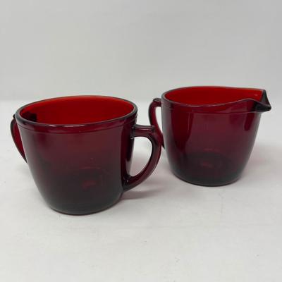 Ruby Red Juice Glass, Tulip Dish & Sugar/Creamer