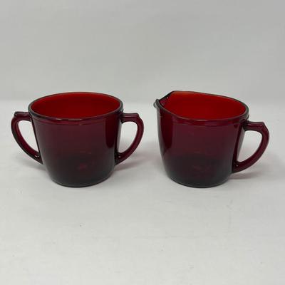 Ruby Red Juice Glass, Tulip Dish & Sugar/Creamer