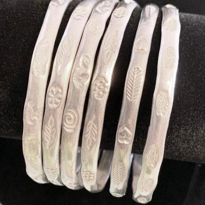 SIX Mexican Designer Hallmarked Silver Bangle Bracelets - 100 grams