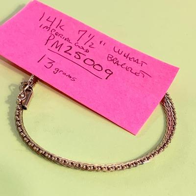 Classy 7.5” Wheat Wove Style 14k Gold Bracelet - 13 grams