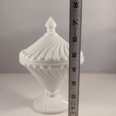 Swirl Design Milk Glass Covered Candy Dish- Approx 7 1/4" Tall