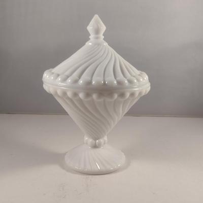 Swirl Design Milk Glass Covered Candy Dish- Approx 7 1/4" Tall
