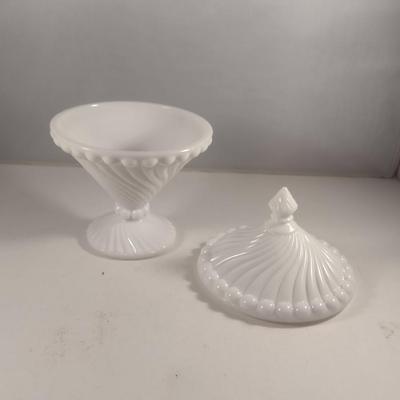 Swirl Design Milk Glass Covered Candy Dish- Approx 7 1/4" Tall