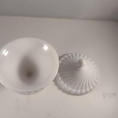 Swirl Design Milk Glass Covered Candy Dish- Approx 7 1/4" Tall