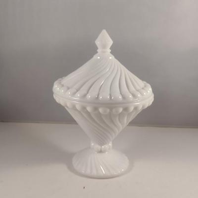 Swirl Design Milk Glass Covered Candy Dish- Approx 7 1/4" Tall