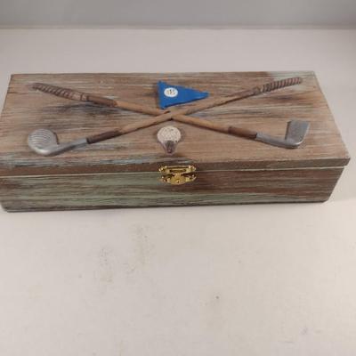 Wooden Golf Design Storage Box- Approx 10" x 4" x 2" Tall