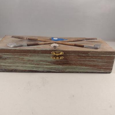 Wooden Golf Design Storage Box- Approx 10" x 4" x 2" Tall