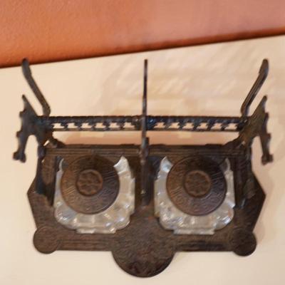 Antique Cast Iron Double Inkwell Desk Set