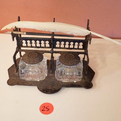 Antique Cast Iron Double Inkwell Desk Set