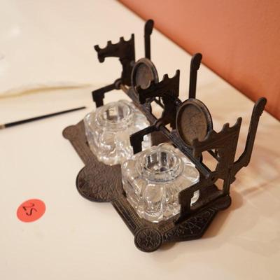 Antique Cast Iron Double Inkwell Desk Set