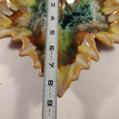 Hand Made Glazed Ceramic Leaf Shaped Dish- Signed by Artist- Approx 8 1/2" x 9"