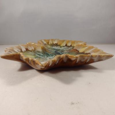 Hand Made Glazed Ceramic Leaf Shaped Dish- Signed by Artist- Approx 8 1/2" x 9"