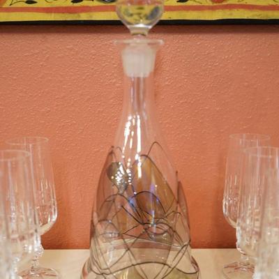 Crystal Wine Set w/ Abstract Mosaic Designed Decanter