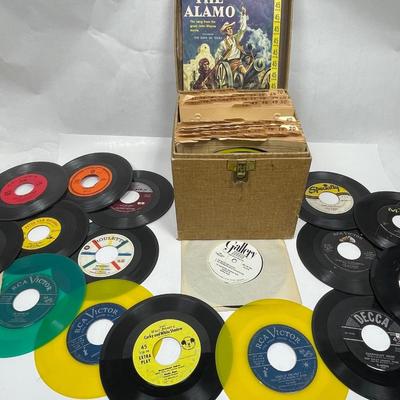 Lots of 45 rpm vinyl records in case - rare labels, yellow vinyl, green vinyl, Beatles, Walt Disney, Little Richard, etc