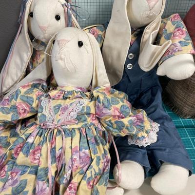 Stuffed rabbits, old lady and cat