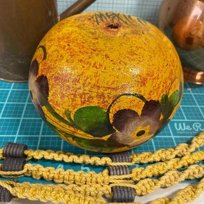 Mexican pottery planter with hanger, watering can and copper pot