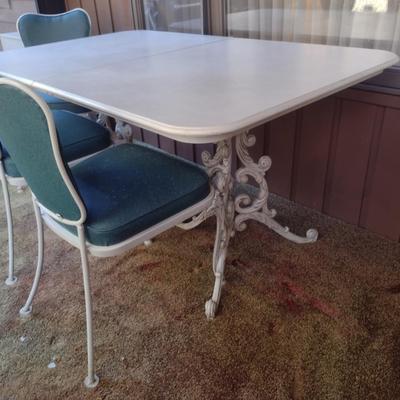 Dining Table and Six Chairs- Heavy Decorative Wrought Metal Base