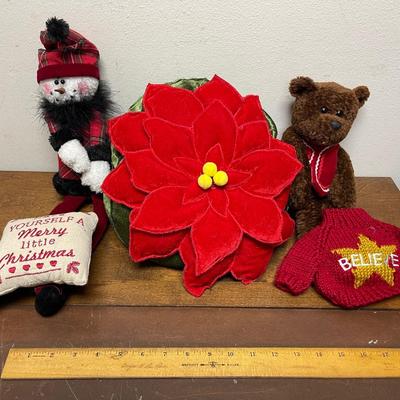 Christmas Decor Lot #2 - red poinsettia flower pillow, Snow Lady, Bear, Doll or Bear Sweater, etc