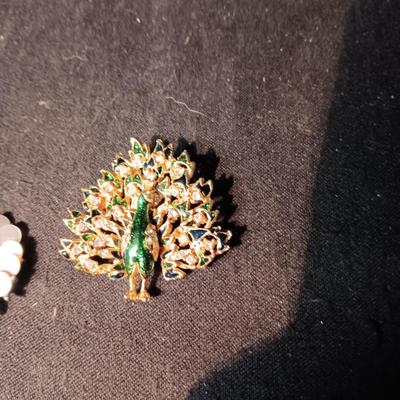 2 PEACOCK BROOCHES