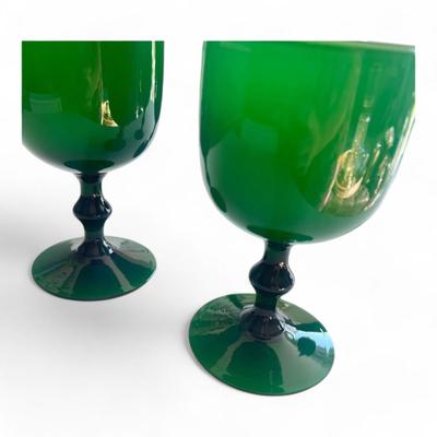 Set of 4 Italian Carlo Moretti Green Wine Glass, Murano Glass Green Goblet