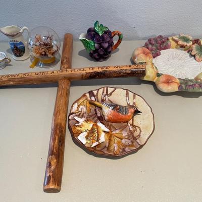 Bird, large wood cross and more