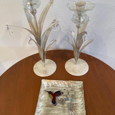 Roundwood and table with floral candleholders and more