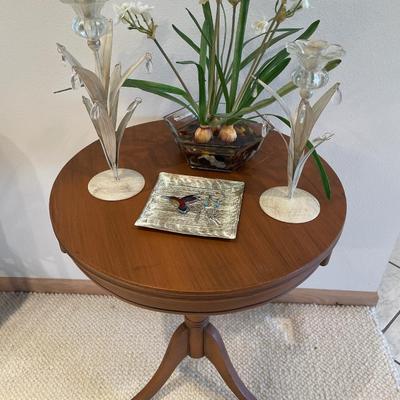 Roundwood and table with floral candleholders and more