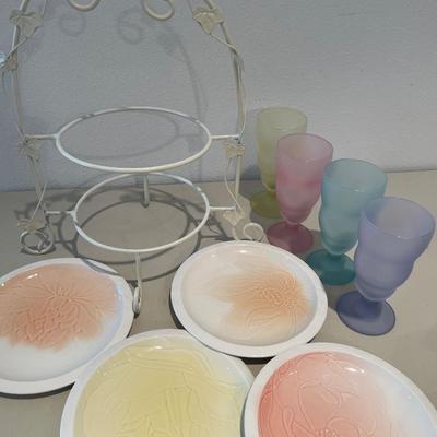 Franciscan plates, placeholder and frosted dessert glasses