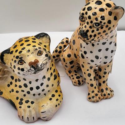 Vintage Pair Of Clay Ceramic Leopard Figurines
