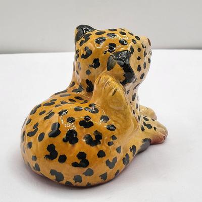 Vintage Pair Of Clay Ceramic Leopard Figurines