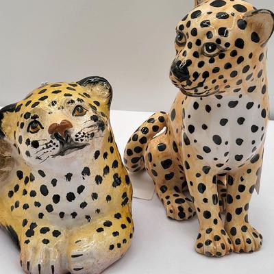 Vintage Pair Of Clay Ceramic Leopard Figurines