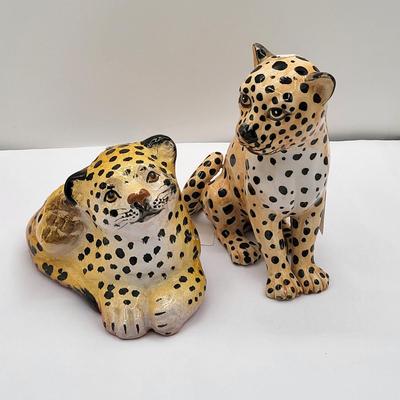 Vintage Pair Of Clay Ceramic Leopard Figurines