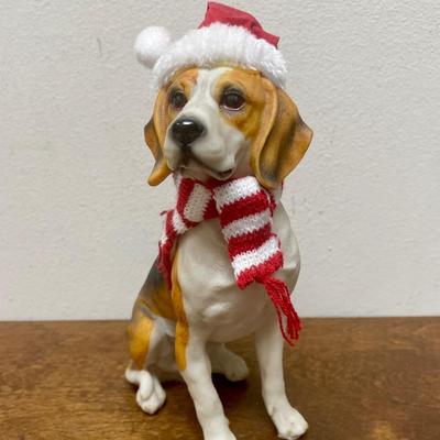 Beagle Dog Dressed In Santa Hat And Scarf