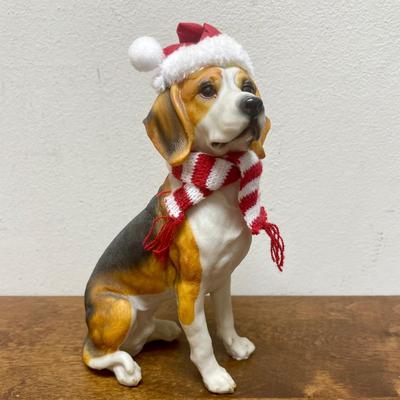 Beagle Dog Dressed In Santa Hat And Scarf