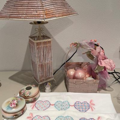 Pink lamp with basket, pillow cases and vanitynitems