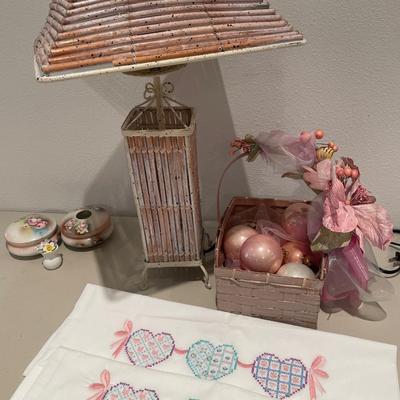 Pink lamp with basket, pillow cases and vanitynitems