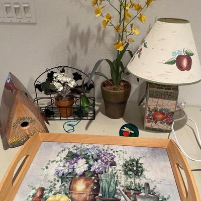 Birdhouse, lamp, faux, flowers, and tray