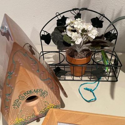 Birdhouse, lamp, faux, flowers, and tray