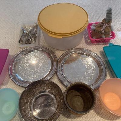 Tupperware and silver toned serving trays