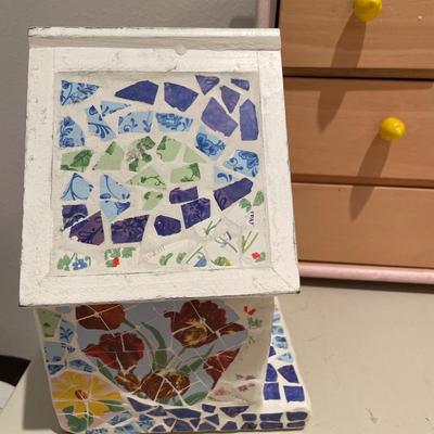 Mosaic birdhouse, wood cabinet, and two clear blocks