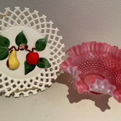Hobnail cranberry bowl & fruit decor