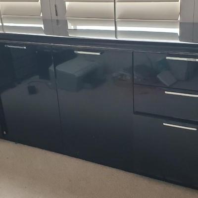 Custom Black Lacquer Desk and Credenza and Chair & Everything on top