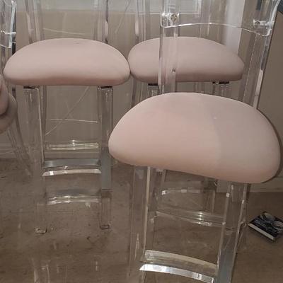 Sale Photo Thumbnail #106: Pinkish seats in fabric.  Lucite body.  Set of 3.