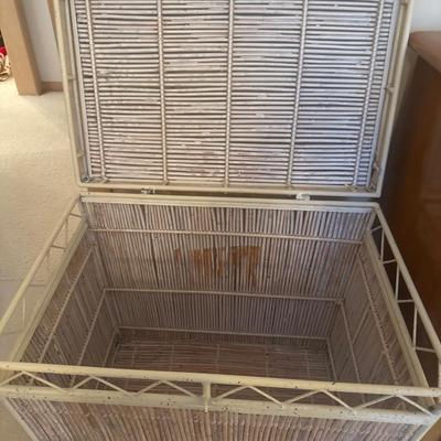Metal wicker hamper with lamps and bunny.