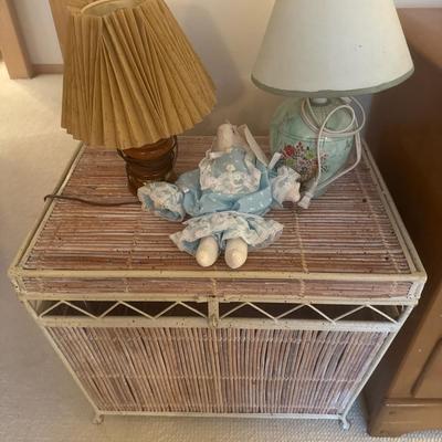 Metal wicker hamper with lamps and bunny.