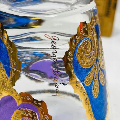 George Briard, beverage glasses, low balls, fruit, design, purple, and gold and blue
