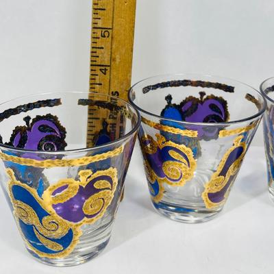 George Briard, beverage glasses, low balls, fruit, design, purple, and gold and blue